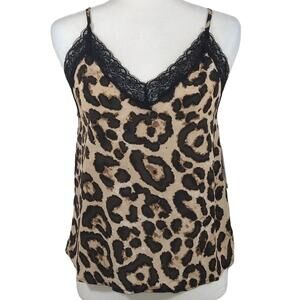 O Leopard Cheetah Black Lace Trim Y2K Layering Cami Camisole Tank Top NWT S